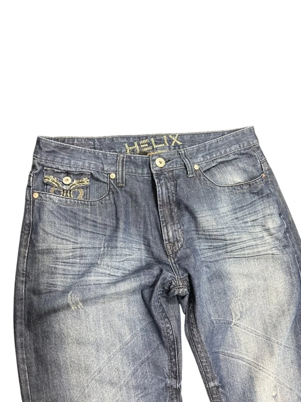 Helix mens blue denim embroided boot cut jeans sz 38x32 SKU 10-548